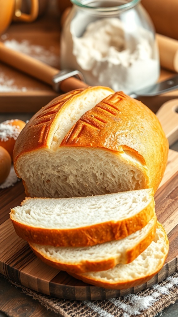 Artisan Sandwich Bread Loaf with Scoring Technique Artisan sandwich bread loaf with a scored crust on a wooden board, surrounded by slices.